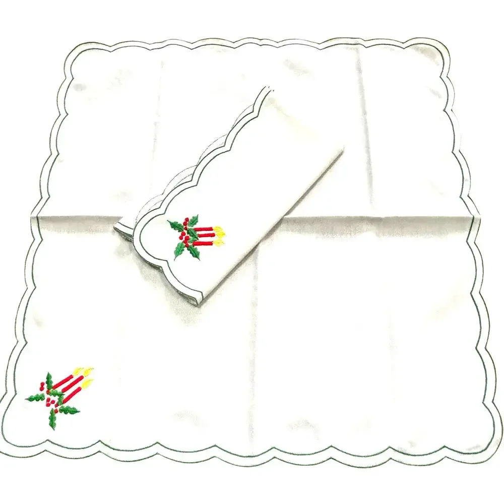 PAIR of Christmas table mats doilies toppers white candle poinsettia embroidery